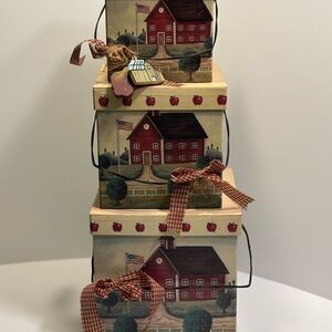 3 Vtg The Little Red Schoolhouse Cardboard   Stacking/Nesting Boxes Aged